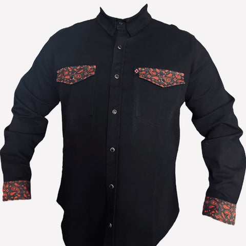 Red and black paisley on solid black denim shirt