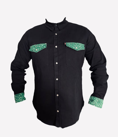 Green paisley on solid black denim shirt