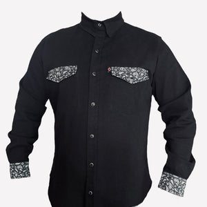 Black and white paisley on solid black denim shirt