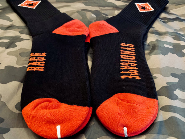 Black and red logo crew socks