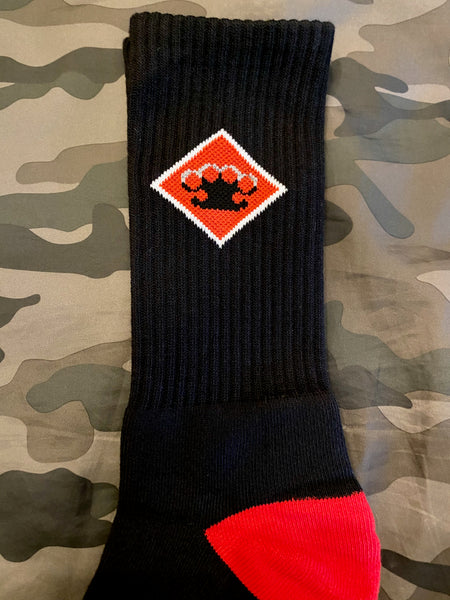 Black and red logo crew socks